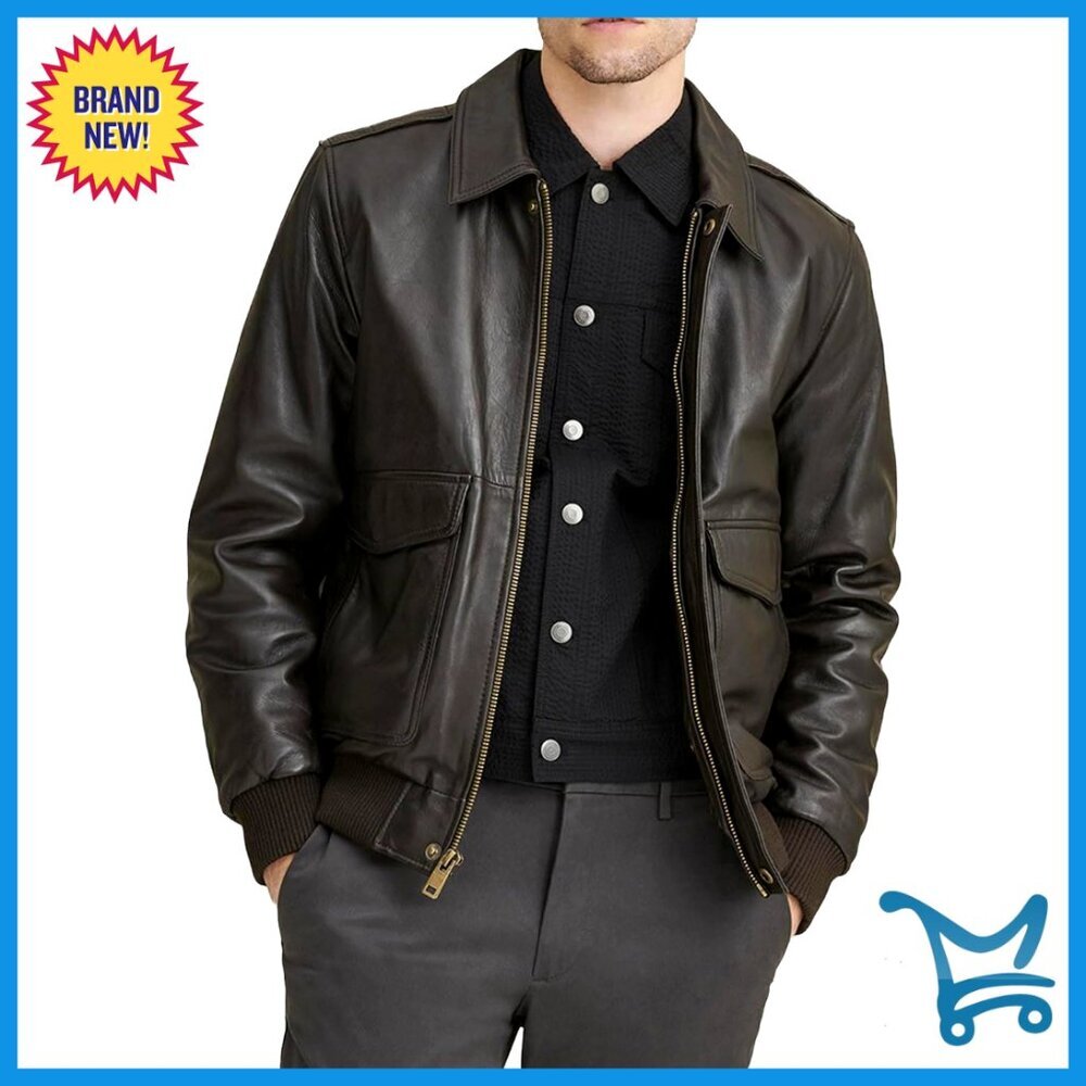 Men's Genuine Leather A2 Bomber Jacket, Shirt Collar, Military Style